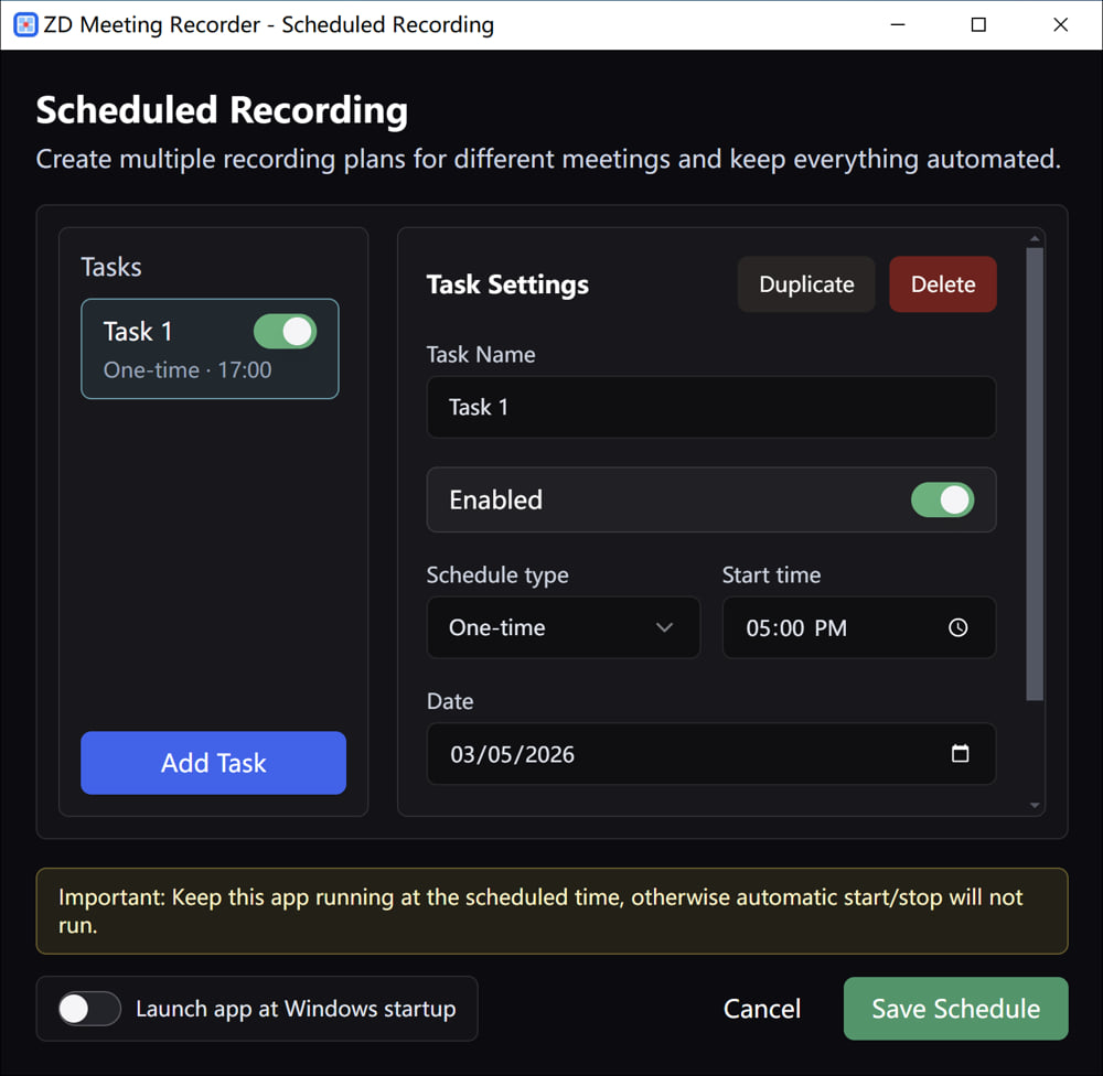 ZD 会议录屏器中的定时录制设置