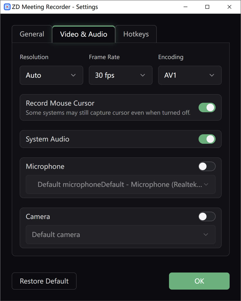 ZD 会议录屏器设置面板
